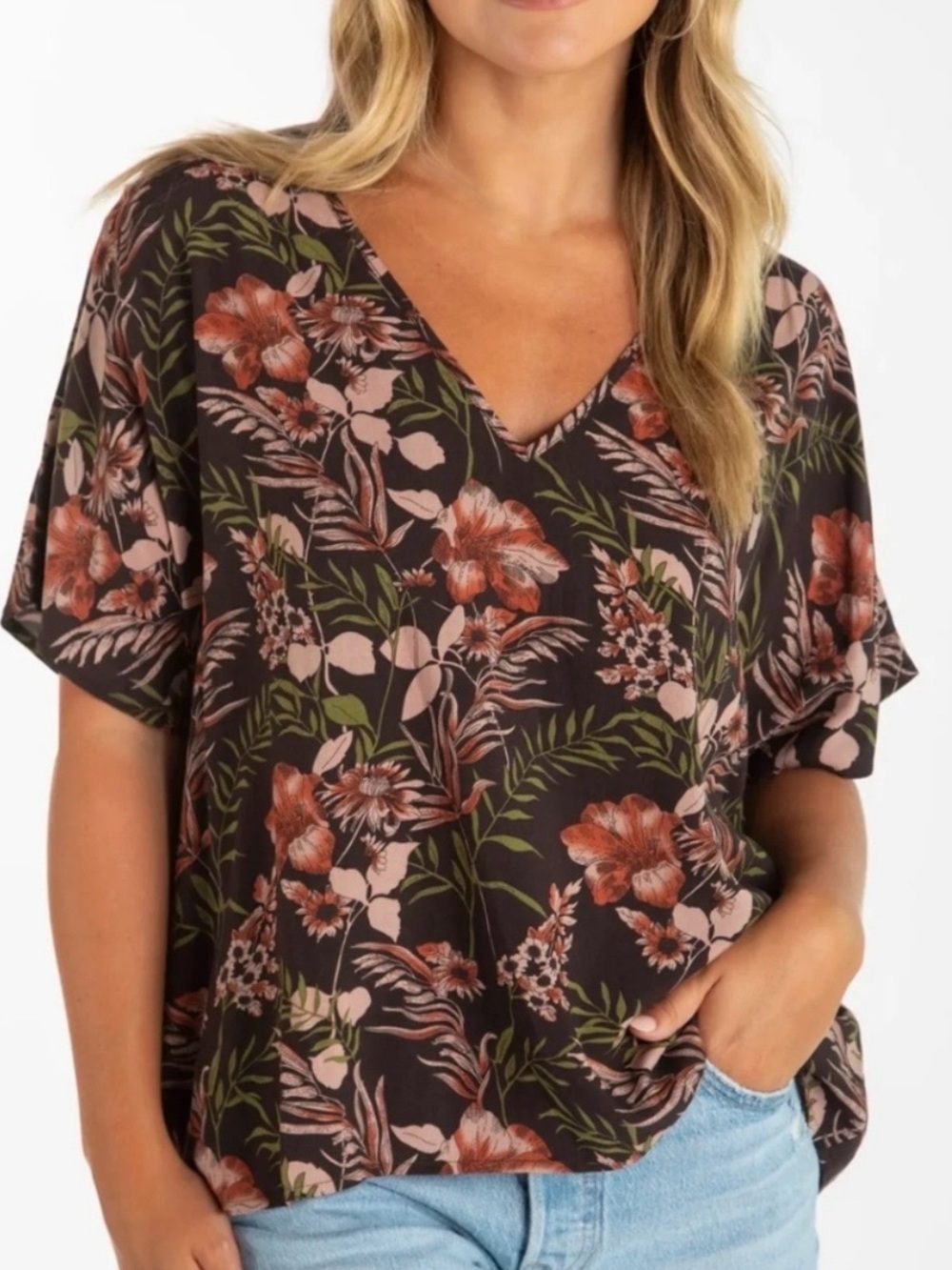🌿NATURAL LIFE Floral Hibiscus V-Neck Short Sleeve Top